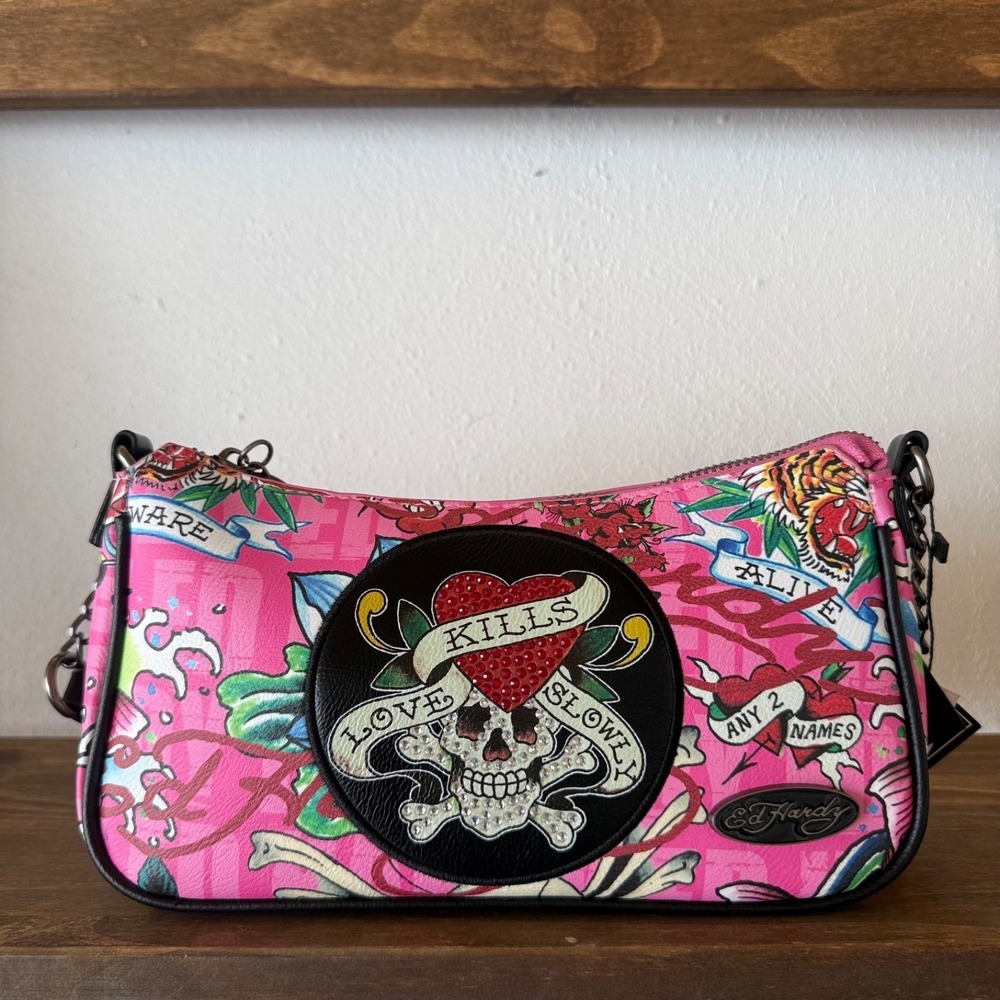 Ed Hardy Love Kills Slowly Pink Rhinestone Hobo Bag Y2K Purse NWT